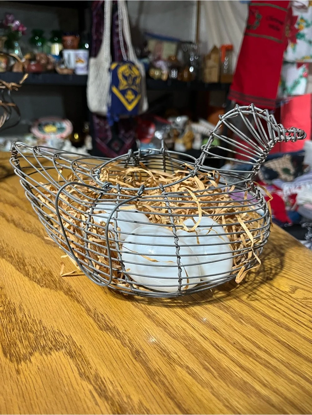 Wire Chicken Basket with Decorative White Glass Handblown Eggs